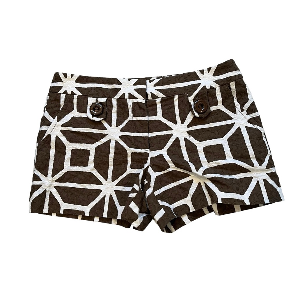 Trina Turk Brown and White Geometric Cotton Blend Shorts